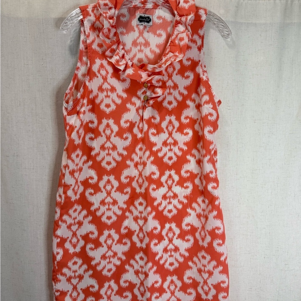 Mud Pie Orange White Ikat Print Ruffle Neck Sleeveless Shift Dress Size M Casual